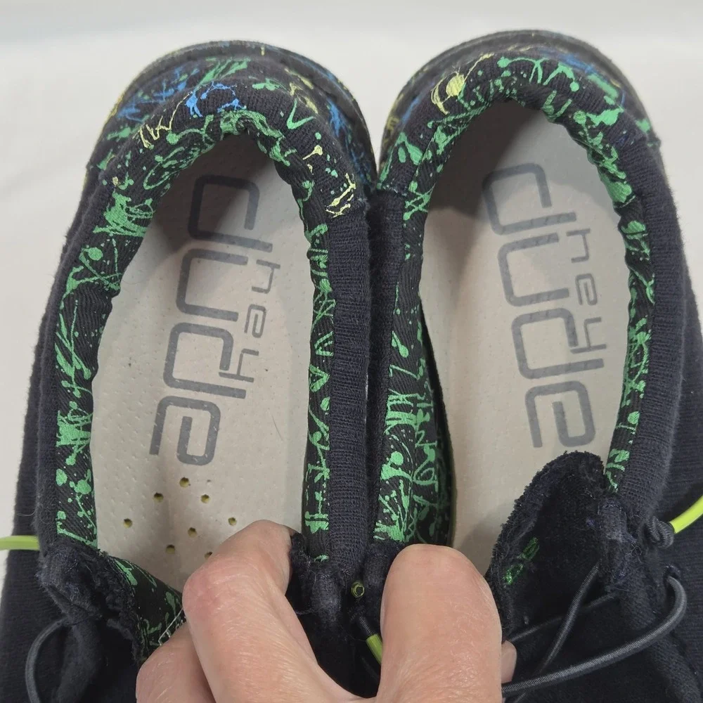 Hey Dude Wally Youth Kids Size 4 Black Green Gecko Splatter Loafers Slip On